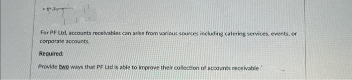 For PF Ltd, accounts receivables can arise from various sources including catering services, events, or
corporate accounts.
Required:
Provide two ways that PF Ltd is able to improve their collection of accounts receivable