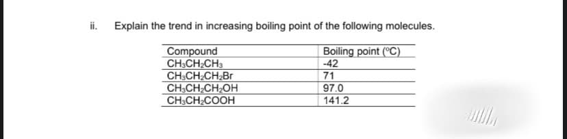 ii. Explain the trend in increasing boiling point of the following molecules.
Compound
CH;CH2CH3
CH;CH CH2Br
CH;CH-CH2OH
CH3CH2COOH
Boiling point (°C)
-42
71
97.0
141.2
