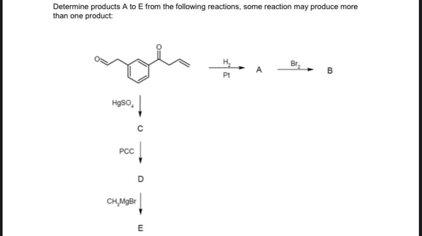 Determine products A to E from the following reactions, some reaction may produce more
than one product:
Hgso.
PCC
D
CH.MgBr
E
I
H₂
Pt
A
Br₂
B