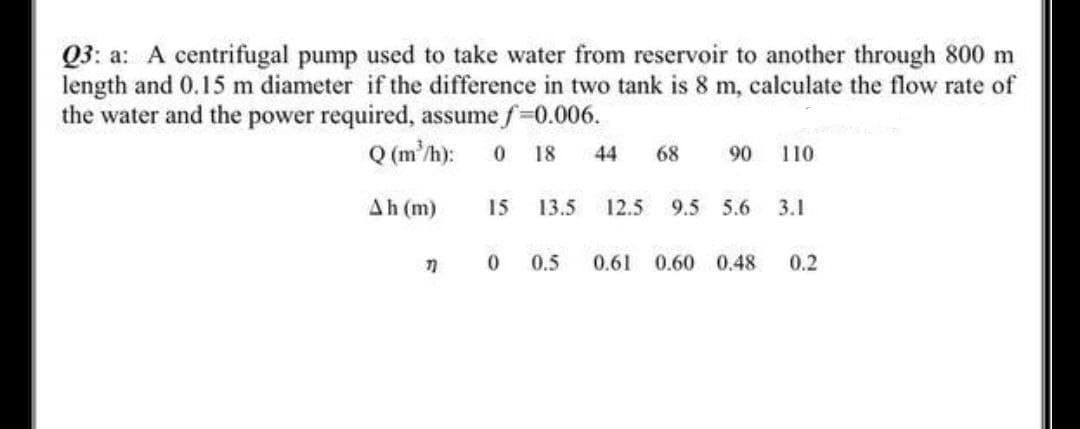 Q3: a: A centrifugal pump used to take water from reservoir to another through 800 m
length and 0.15 m diameter if the difference in two tank is 8 m, calculate the flow rate of
the water and the power required, assume f=0.006.
Q (m'/h):
18
44
68
90
110
Ah (m)
15
13.5
12.5
9.5 5.6
3.1
0.5
0.61
0.60 0.48
0.2
