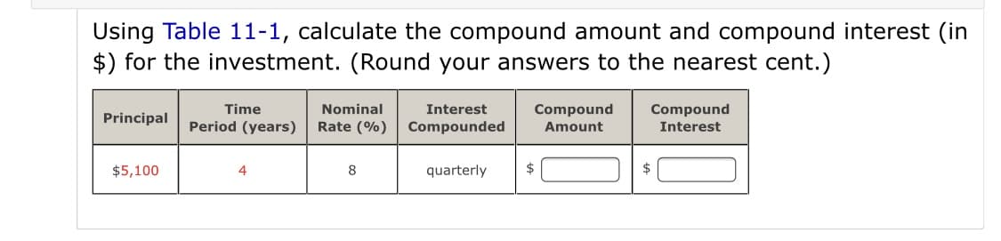 Using Table 11-1, calculate the compound amount and compound interest (in
$) for the investment. (Round your answers to the nearest cent.)
Time
Nominal
Interest
Compound
Compound
Principal
Period (years)
Rate (%)
Compounded
Amount
Interest
$5,100
8
quarterly
2$
$
