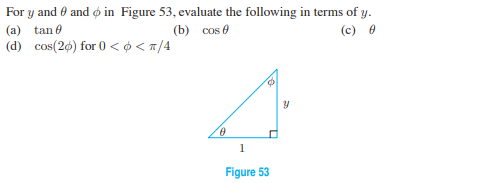 For y and 0 and o in Figure 53, evaluate the following in terms of y.
(a) tan@
(d) cos(26) for 0 <o<a/4
(b) cos 0
(c) 0
1
Figure 53

