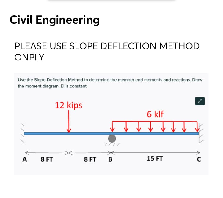 Civil Engineering
PLEASE USE SLOPE DEFLECTION METHOD
ONPLY
Use the Slope-Deflection Method to determine the member end moments and reactions. Draw
the moment diagram. El is constant.
12 kips
6 klf
TITI
A
8 FT
8 FT
В
15 FT
