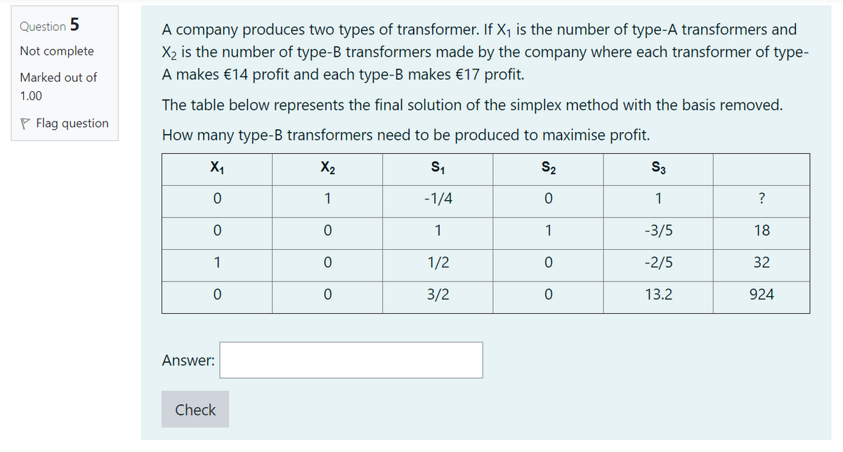 Question 5
A company produces two types of transformer. If X, is the number of type-A transformers and
X2 is the number of type-B transformers made by the company where each transformer of type-
A makes €14 profit and each type-B makes €17 profit.
Not complete
Marked out of
1.00
The table below represents the final solution of the simplex method with the basis removed.
P Flag question
How many type-B transformers need to be produced to maximise profit.
X1
X2
S2
S3
1
-1/4
1
?
1
1
-3/5
18
1
1/2
-2/5
32
3/2
13.2
924
Answer:
Check
