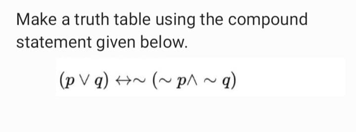 Make a truth table using the compound
statement given below.
(pVq) +
←~(~p^~ q)