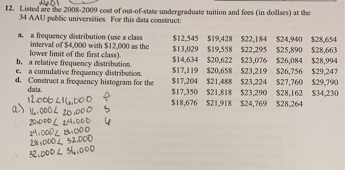 19
12. Listed are the 2008-2009 cost of out-of-state undergraduate tuition and fees (in dollars) at the
34 AAU public universities. For this data construct:
a frequency distribution (use a class
interval of $4,000 with $12,000 as the
lower limit of the first class).
b. a relative frequency distribution.
a cumulative frequency distribution.
d. Construct a frequency histogram for the
a.
$12,545 $19,428 $22,184 $24,940 $28,654
$13,029 $19,558 $22,295 $25,890 $28,663
$14,634 $20,622 $23,076 $26,084 $28,994
$17,119 $20,658 $23,219 $26,756 $29,247
$17,204 $21,488 $23,224 $27,760 $29,790
$17,350 $21,818 $23,290 $28,162 $34,230
$18,676 $21,918 $24,769 $28,264
с.
data.
12.006L 6,000 *
a.) 1000 5
16,000L 20
201000L 24,000
24,000L 2461000
261000L 32.D00
32,000L 56,000
