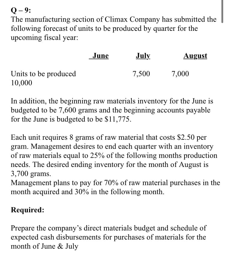 Q- 9:
The manufacturing section of Climax Company has submitted the
following forecast of units to be produced by quarter for the
upcoming fiscal year:
June
July
August
Units to be produced
10,000
7,500
7,000
In addition, the beginning raw materials inventory for the June is
budgeted to be 7,600 grams and the beginning accounts payable
for the June is budgeted to be $11,775.
Each unit requires 8 grams of raw material that costs $2.50 per
gram. Management desires to end each quarter with an inventory
of raw materials equal to 25% of the following months production
needs. The desired ending inventory for the month of August is
3,700 grams.
Management plans to pay for 70% of raw material purchases in the
month acquired and 30% in the following month.
Required:
Prepare the company's direct materials budget and schedule of
expected cash disbursements for purchases of materials for the
month of June & July
