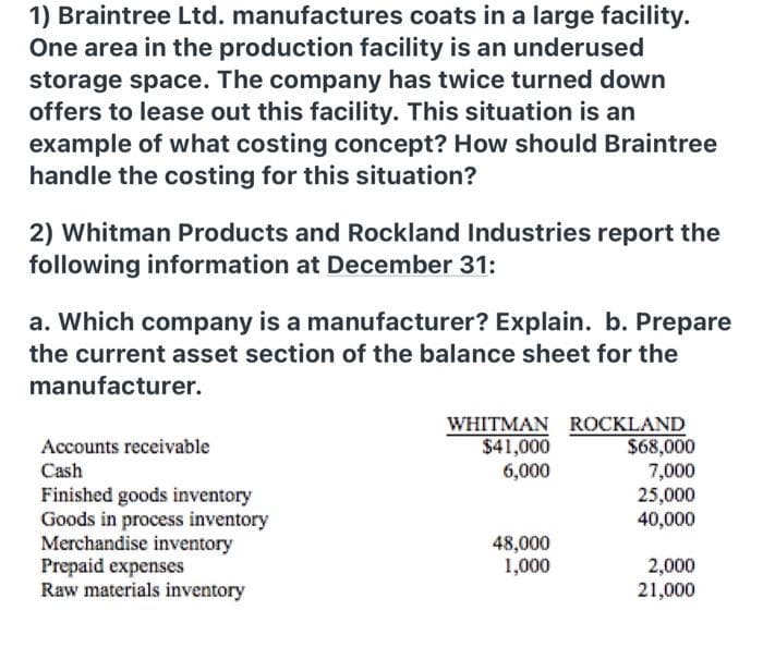 1) Braintree Ltd. manufactures coats in a large facility.
One area in the production facility is an underused
storage space. The company has twice turned down
offers to lease out this facility. This situation is an
example of what costing concept? How should Braintree
handle the costing for this situation?
2) Whitman Products and Rockland Industries report the
following information at December 31:
a. Which company is a manufacturer? Explain. b. Prepare
the current asset section of the balance sheet for the
manufacturer.
WHITMAN ROCKLAND
$68,000
7,000
25,000
40,000
Accounts receivable
$41,000
6,000
Cash
Finished goods inventory
Goods in process inventory
Merchandise inventory
Prepaid expenses
Raw materials inventory
48,000
1,000
2,000
21,000
