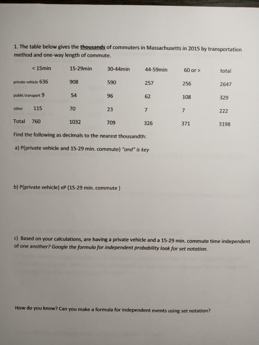 1. The table below gives the thousands of commuters in Massachusetts in 2015 by transportation
method and one-way length of commute.
< 15min
15-29min
30-44min
44-59min
60 or >
total
private vehicle 636
908
590
257
256
2647
public transport 9
54
96
62
108
329
öther
115
70
23
7
7
222
Total
760
1032
709
326
371
3198
Find the following as decimals to the nearest thousandth:
a) P(private vehicle and 15-29 min. commute) "and" is key
b) P(private vehicle) xP (15-29 min. commute )
c) Based on your calculations, are having a private vehicle and a 15-29 min. commute time independent
of one another? Google the formula for independent probability look for set notation.
How do you know? Can you make a formula for independent events using set notation?
