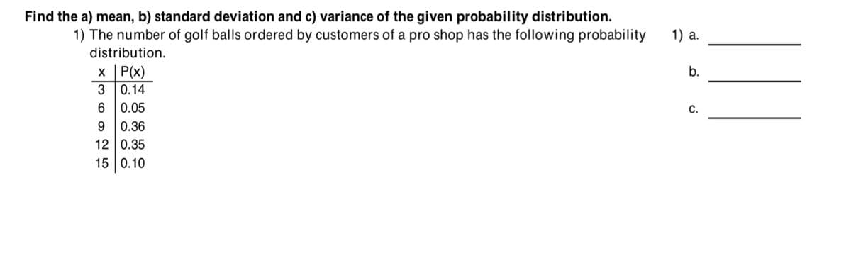 Find the a) mean, b) standard deviation and c) variance of the given probability distribution.
1) The number of golf balls ordered by customers of a pro shop has the following probability
1) a.
distribution.
x | P(x)
b.
0.14
0.05
С.
0.36
12 0.35
15 0.10
