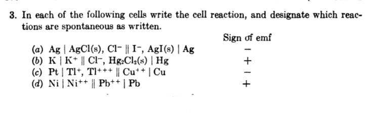 3. In each of the following cells write the cell reaction, and designate which reac-
tions are spontaneous as written.
Sign of emf
(a) Ag | AgCl(s), Cl- || I-, AgI(s) | Ag
(b) K | K* || Cl-, Hg:Cl2(s) | Hg
(c) Pt | Tl*, TI+++ || Cu++ | Cu
(d) Ni | Ni** || Ph+* | Pb
SI+1+
