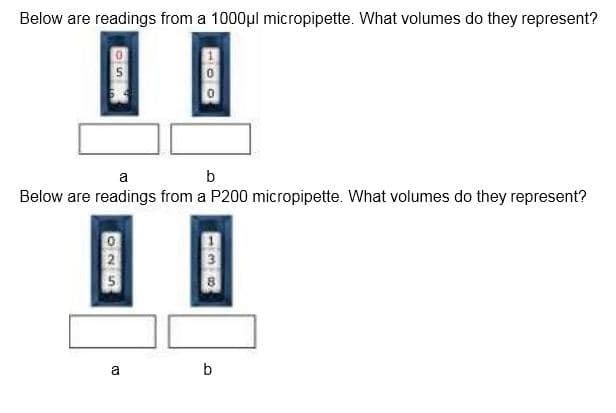 Below are readings from a 1000µl micropipette. What volumes do they represent?
a
b
Below are readings from a P200 micropipette. What volumes do they represent?
2
a
b
