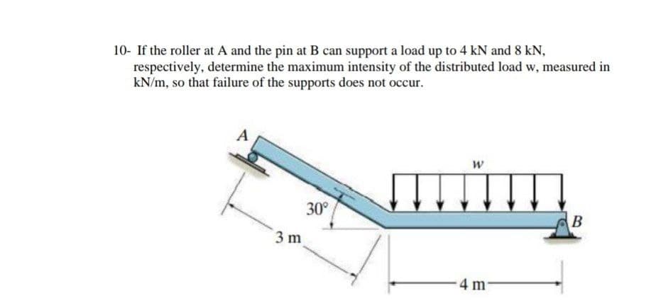 10- If the roller at A and the pin at B can support a load up to 4 kN and 8 kN,
respectively, determine the maximum intensity of the distributed load w, measured in
kN/m, so that failure of the supports does not occur.
30°
B
3 m
-4 m-
