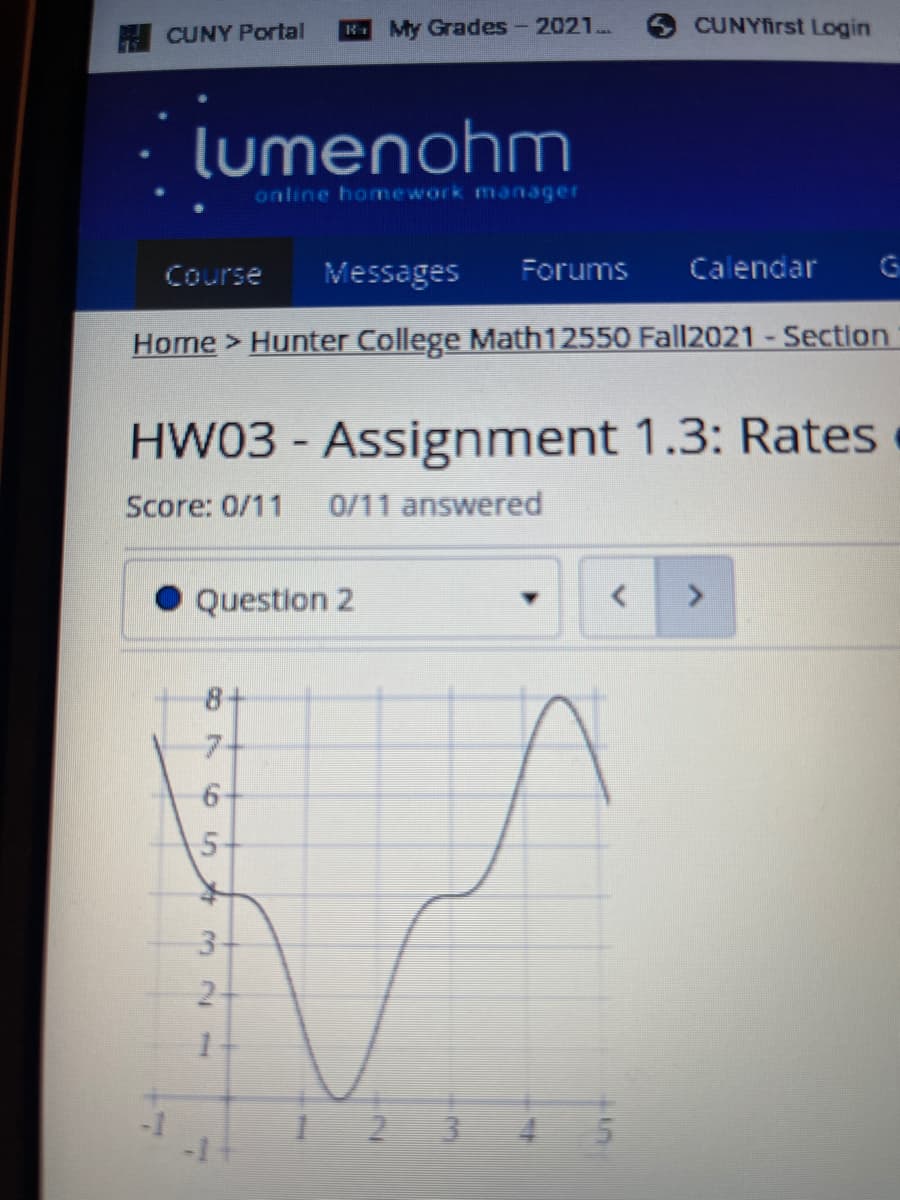 CUNY Portal
R My Grades- 2021..
CUNYfirst Login
lumenohm
online home work manager
Course
Messages
Forums
Calendar
Home > Hunter College Math12550 Fall2021 - Section
HW03 - Assignment 1.3: Rates
Score: 0/11
0/11 answered
Question 2
8+
7-
3-
2-
