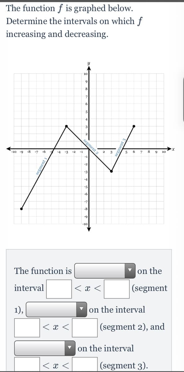 The function f is graphed below.
Determine the intervals on which f
increasing and decreasing.
10
9.
3
segment 2
-10
-9
-8
-7
-6
-4
-3
-2
-1
3
5
6
7
9.
10
-2
-3
-4
-5
-6
ー7
-8
-10
The function is
on the
interval
< x <
(segment
1),
on the interval
く<
(segment 2), and
on the interval
< x <
(segment 3).
