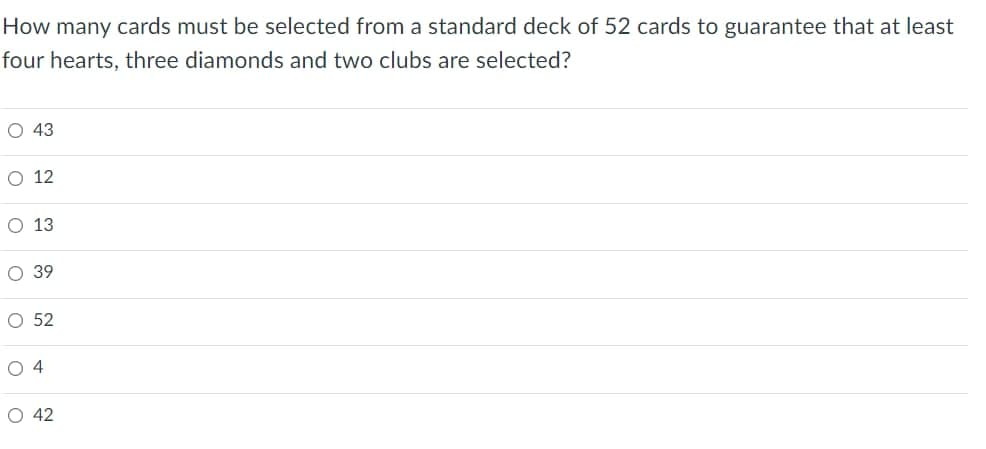 How many cards must be selected from a standard deck of 52 cards to guarantee that at least
four hearts, three diamonds and two clubs are selected?
O 43
O 12
O 13
O 39
O 52
04
O 42
