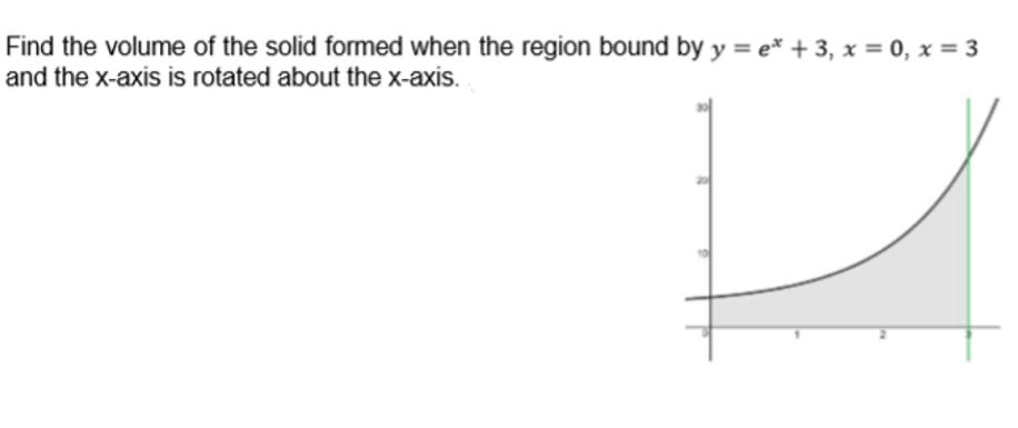Find the volume of the solid formed when the region bound by y = e* + 3, x = 0, x = 3
and the x-axis is rotated about the x-axis.
