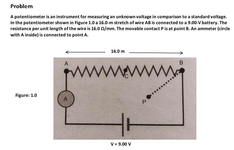 Problem
A potentiometer is an instrument for measuring an unknown voltage in comparison to a standard voltage.
In the potentiometer shown in Figure 1.0 a 16.0-m stretch of wire AB is connected to a 9.00-V battery. The
resistance per unit length of the wire is 16.0 0/mm. The movable contact P is at point B. An ammeter (circle
with A inside) is connected to point A.
16.0 m
A
B
www
Figure: 1.0
A
V = 9.00 V
