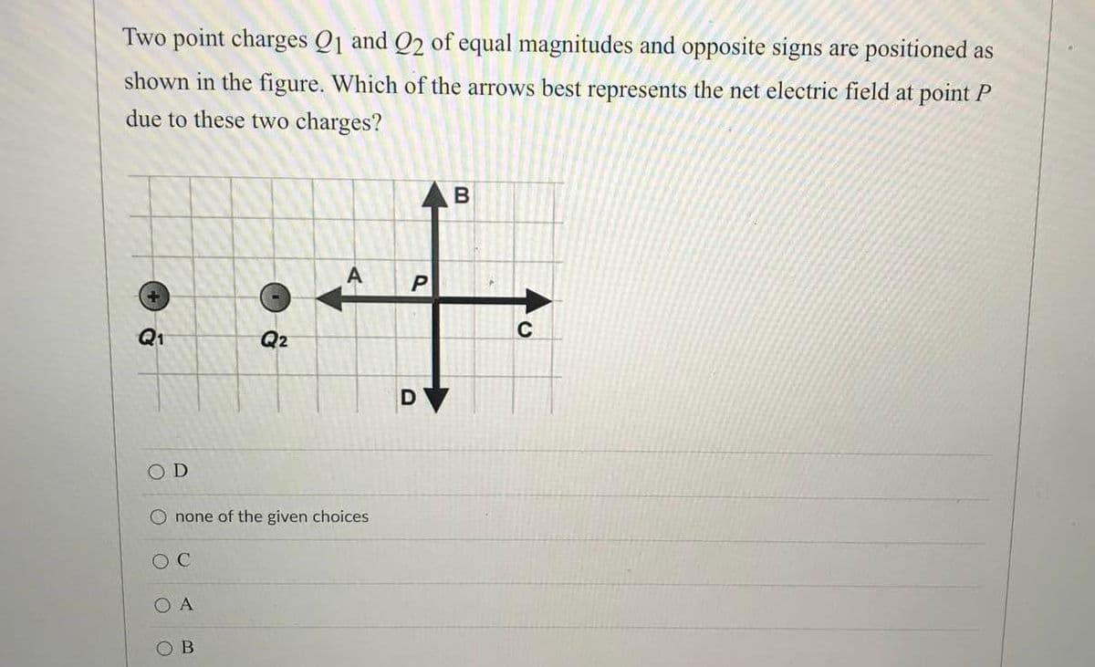 Two point charges Q1 and Q2 of equal magnitudes and opposite signs are positioned as
shown in the figure. Which of the arrows best represents the net electric field at point P
due to these two charges?
B
Q1
Q2
C
DV
OD
none of the given choices
C
A
A-
