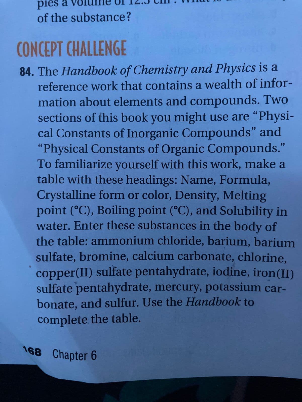 pies
of the substance?
CONCEPT CHALLENGE
84. The Handbook of Chemistry and Physics is a
reference work that contains a wealth of infor-
mation about elements and compounds. Two
sections of this book you might use are "Physi-
cal Constants of Inorganic Compounds" and
"Physical Constants of Organic Compounds."
To familiarize yourself with this work, make a
table with these headings: Name, Formula,
Crystalline form or color, Density, Melting
point (°C), Boiling point (°C), and Solubility in
water. Enter these substances in the body of
the table: ammonium chloride, barium, barium
sulfate, bromine, calcium carbonate, chlorine.
copper(II) sulfate pentahydrate, iodine, iron(II)
sulfate pentahydrate, mercury, potassium car-
bonate, and sulfur. Use the Handbook to
complete the table.
168 Chapter 6

