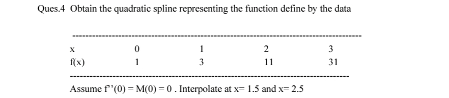 Ques.4 Obtain the quadratic spline representing the function define by the data
1
2
3
f(x)
1
3
11
31
Assume f*(0) = M(0) = 0 . Interpolate at x= 1.5 and x= 2.5
