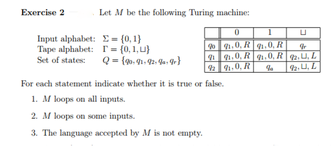 Exercise 2
Let M be the following Turing machine:
1
Input alphabet: E= {0, 1}
Tape alphabet: T= {0,1,U}
9o | 91,0, R | qı,0, R
q1,0, R| q1.0, R| Ф, Ц, L
91,0, R
91
Set of states:
Q = {40, 91, 92, qa, Ir}
92
la
L, L ,כ)
For each statement indicate whether it is true or false.
1. M loops on all inputs.
2. M loops on some inputs.
3. The language accepted by M is not empty.
