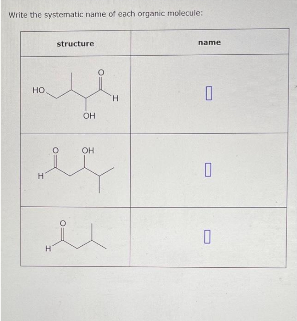 Write the systematic name of each organic molecule:
HO
Н
Н
structure
ОН
OH
Н
name
О
0