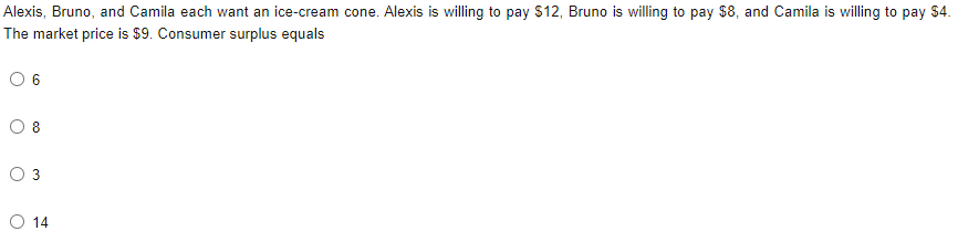 Alexis, Bruno, and Camila each want an ice-cream cone. Alexis is willing to pay $12, Bruno is willing to pay $8, and Camila is willing to pay $4.
The market price is $9. Consumer surplus equals
O 6
8.
O 3
O 14
