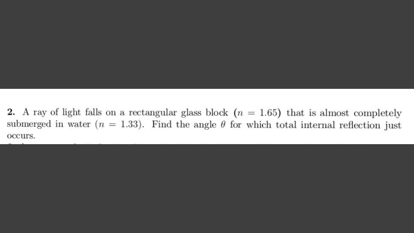 2. A ray of light falls on a rectangular glass block (n
submerged in water (n = 1.33). Find the angle 0 for which total internal reflection just
1.65) that is almost completely
Occurs.

