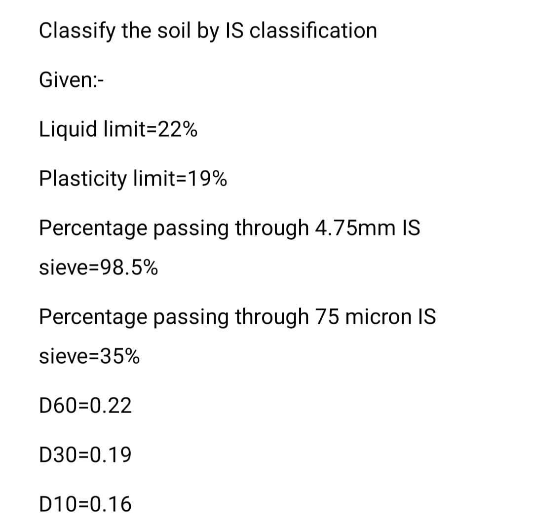 Classify the soil by IS classification
Given:-
Liquid limit=22%
Plasticity limit=19%
Percentage passing through 4.75mm IS
sieve=98.5%
Percentage passing through 75 micron IS
sieve=35%
D60=0.22
D30=0.19
D10=0.16