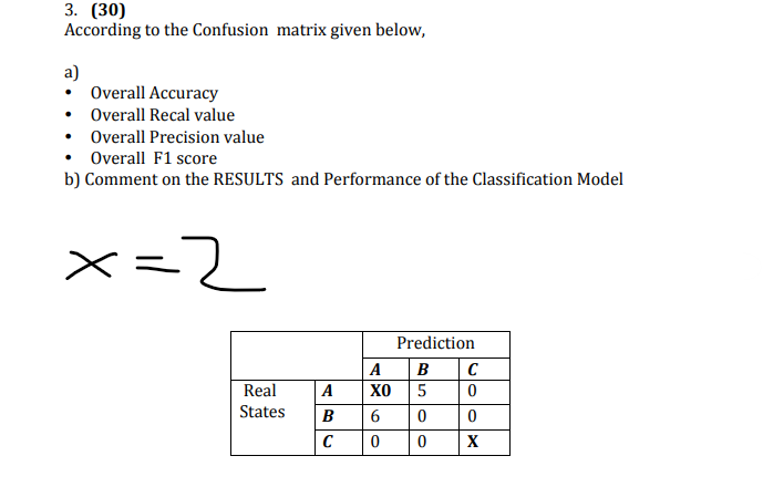 3. (30)
According to the Confusion matrix given below,
а)
• Overall Accuracy
• Overall Recal value
• Overall Precision value
• Overall F1 score
b) Comment on the RESULTS and Performance of the Classification Model
x=2
Prediction
A B
Real
A
хо
5
States
B
C
