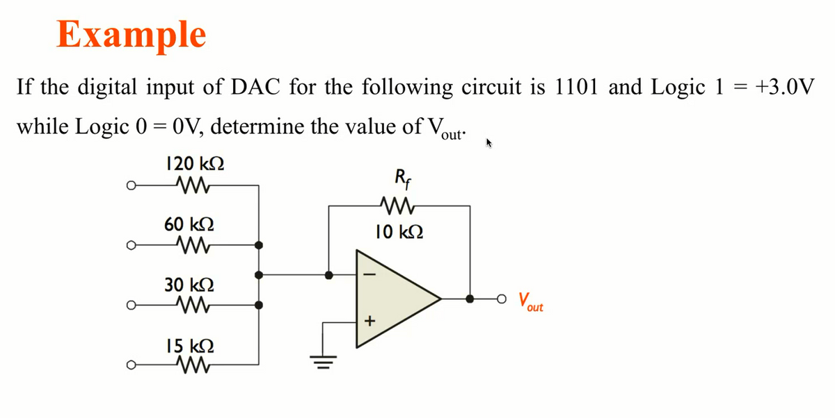 Example
If the digital input of DAC for the following circuit is 1101 and Logic 1 = +3.0V
while Logic 0 = 0V, determine the value of Vout:
120 k2
Rf
60 k2
10 kQ
30 k2
out
15 k2
