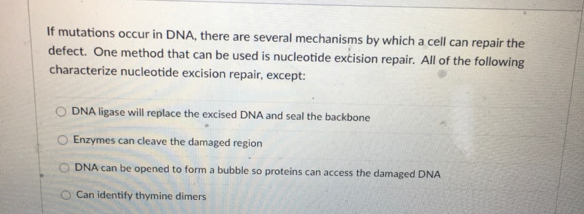 If mutations occur in DNA, there are several mechanisms by which a cell can repair the
defect. One method that can be used is nucleotide extision repair. All of the following
characterize nucleotide excision repair, except:
DNA ligase will replace the excised DNA and seal the backbone
Enzymes can cleave the damaged region
DNA can be opened to form a bubble so proteins can access the damaged DNA
Can identify thymine dimers
