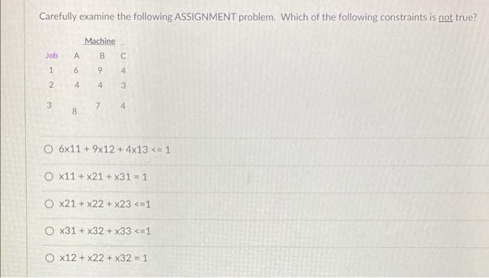Carefully examine the following ASSIGNMENT problem. Which of the following constraints is not true?
Machine
Job
A
B.
9
4
2.
4.
4
4.
8.
O 6x11 + 9x12+4x13 <= 1
O x11 + x21 + x31 = 1
O x21 + x22 + x23 <=1
O x31 + x32 + x33 <=1
O x12 + x22 + x32 = 1
3.
