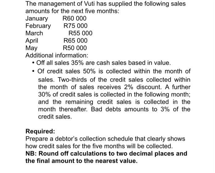 The management of Vuti has supplied the following sales
amounts for the next five months:
January
February
March
April
May
R60 000
R75 000
R55 000
R65 000
R50 000
Additional information:
• Off all sales 35% are cash sales based in value.
• Of credit sales 50% is collected within the month of
sales. Two-thirds of the credit sales collected within
the month of sales receives 2% discount. A further
30% of credit sales is collected in the following month;
and the remaining credit sales is collected in the
month thereafter. Bad debts amounts to 3% of the
credit sales.
Required:
Prepare a debtor's collection schedule that clearly shows
how credit sales for the five months will be collected.
NB: Round off calculations to two decimal places and
the final amount to the nearest value.