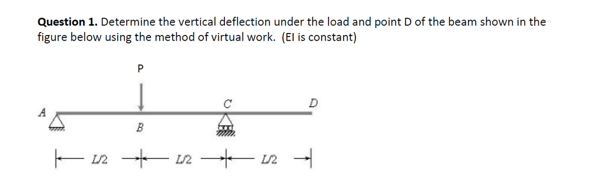 Question 1. Determine the vertical deflection under the load and point D of the beam shown in the
figure below using the method of virtual work. (El is constant)
P
D
B
L/2
L2 -
