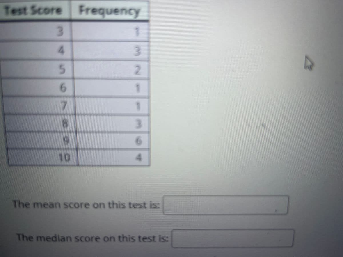 Test Score Frequency
3.
1.
4
5.
2.
6.
1
1
3.
6.
10
The mean score on this test is:
The median score on this test is:
