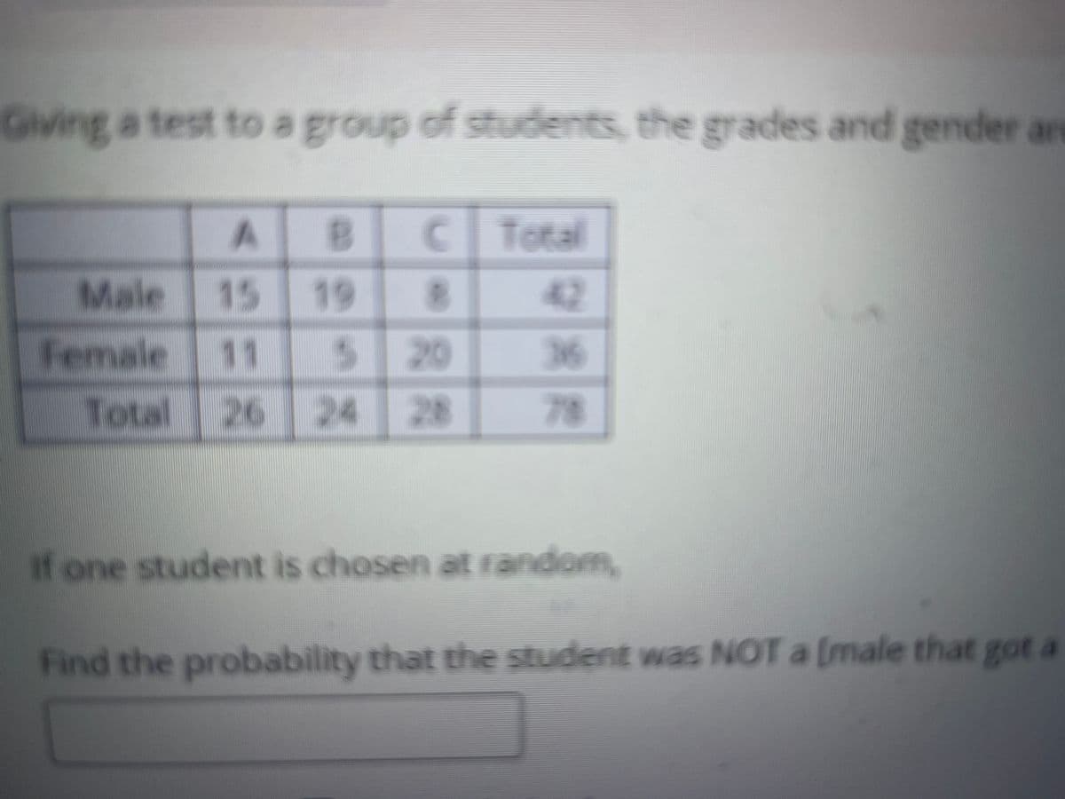 Giving a test to a group of students, the grades and gender an
c Total
Male 15
19
42
11 5 20
24 28
Female
36
Total 26
78
If one student is chosen at random,
Find the probability that the student was NOT a (male that got a

