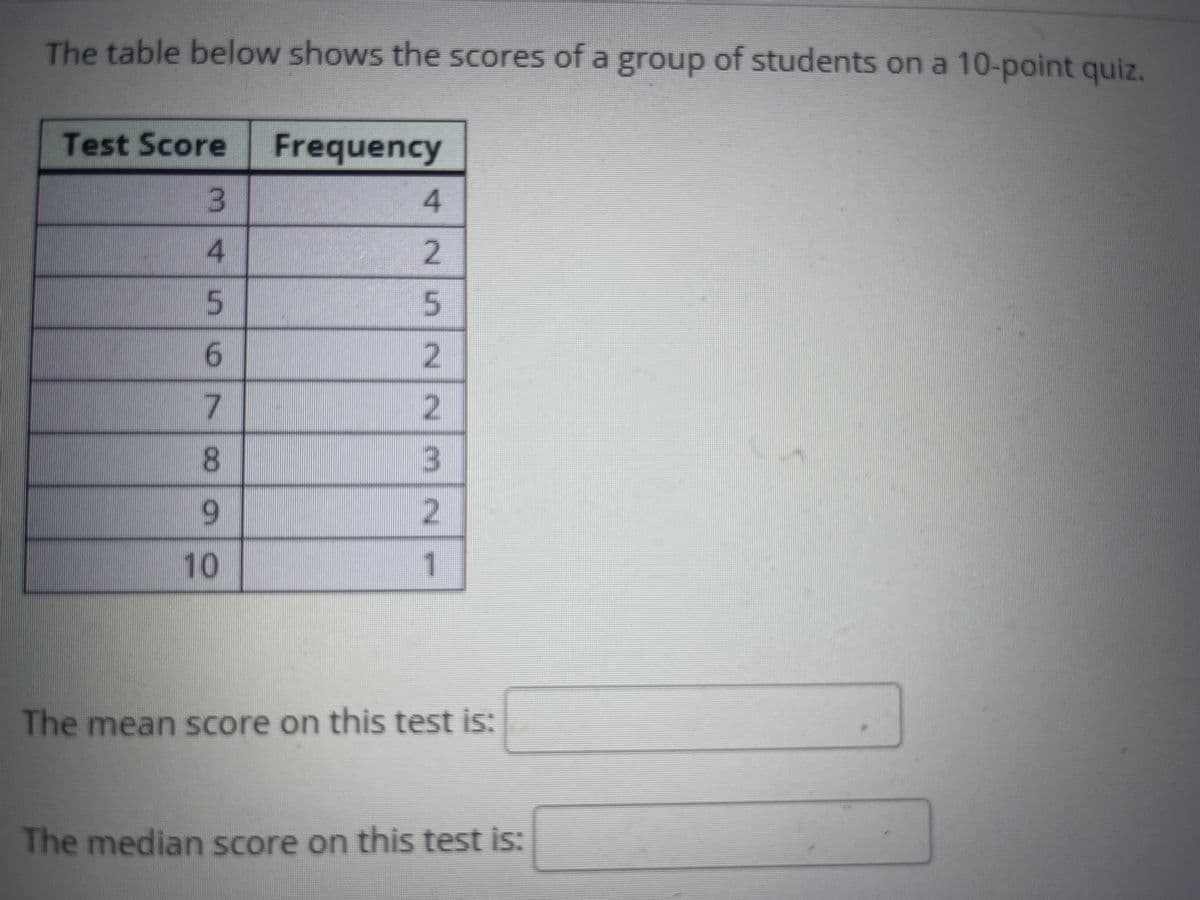 The table below shows the scores of a group of students on a 10-point quiz.
Test Score Frequency
3.
4
4.
5
6.
2
8.
6.
10
1.
The mean score on this test is:
The median score on this test is:
252N
700
