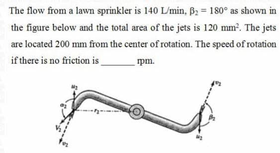 The flow from a lawn sprinkler is 140 L/min, ß₂ = 180° as shown in
the figure below and the total area of the jets is 120 mm². The jets
are located 200 mm from the center of rotation. The speed of rotation
if there is no friction is
rpm.