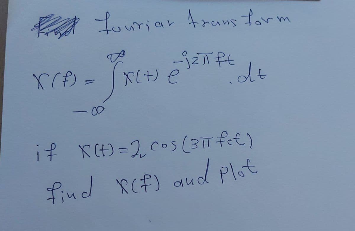 X (B) =
fouriar transform
-jzπ ft
X(+) e
de
if X(t) = 2₂ cos (3πT fet)
find X(F) and plot