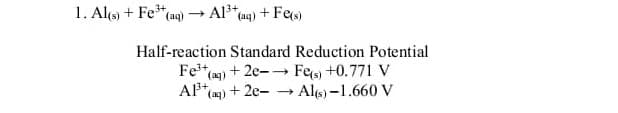 1. Al(s) + Fe³+ (aq) →→ Al³+ (aq) + Fe(s)
Half-reaction Standard Reduction Potential
Fe³+ (aq) +2e-→ Fe(s) +0.771 V
AP¹ (4)
+ 2e-
Al(s)-1.660 V
->