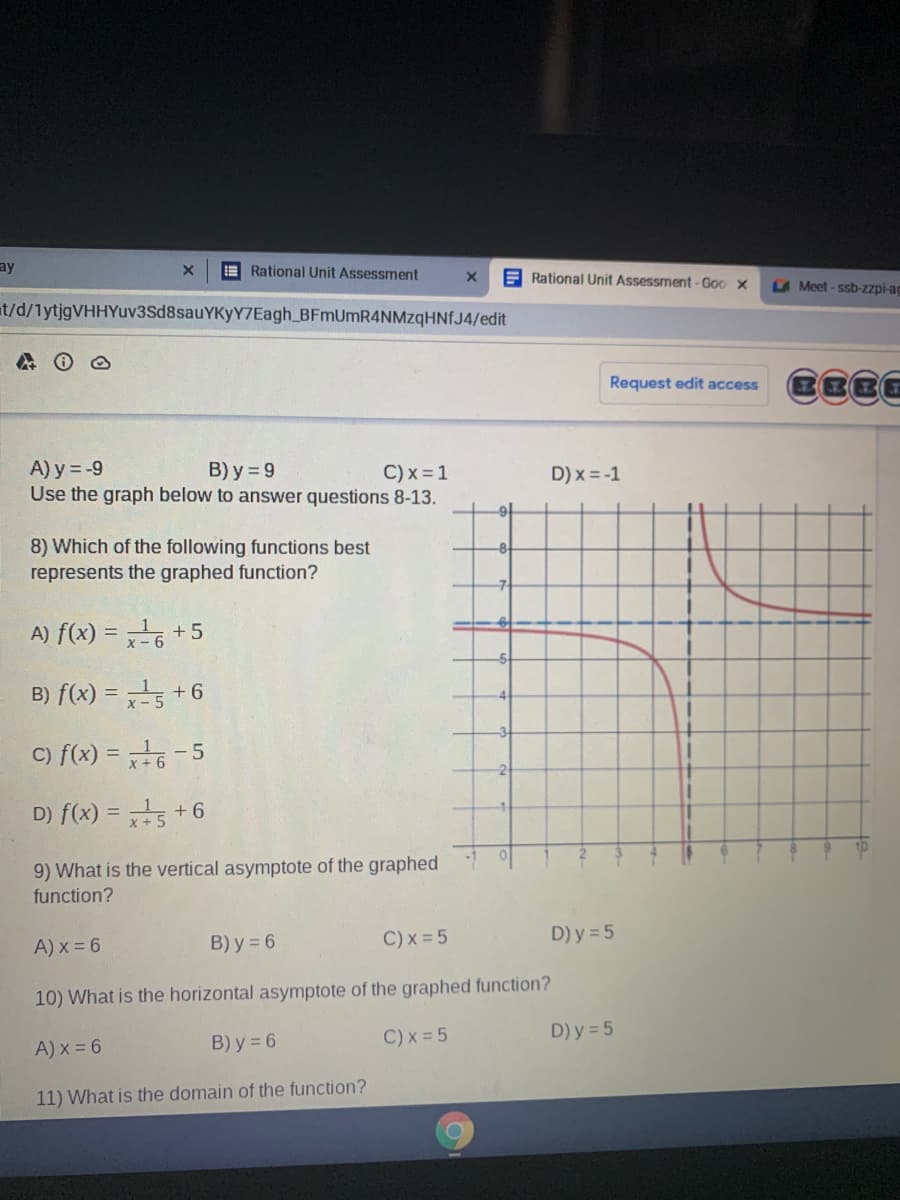 ay
E Rational Unit Assessment
A Rational Unit Assessment - Goo x
A Meet - ssb-zzpi-ag
at/d/1ytjgVHHYuv3Sd8sauYKyY7Eagh_BFmUmR4NMzqHNfJ4/edit
Request edit access
A) y = -9
B) y = 9
Use the graph below to answer questions 8-13.
C)x= 1
D) x = -1
8) Which of the following functions best
represents the graphed function?
A) f(x) = 6 +5
B) f(x) = 5 +6
C) f(x) = 6 -5
x +
D) f(x) = 5 +6
9) What is the vertical asymptote of the graphed
function?
A) x = 6
B) y = 6
C) x = 5
D) y = 5
10) What is the horizontal asymptote of the graphed function?
B) y = 6
C) x = 5
D) y = 5
A) x = 6
11) What is the domain of the function?
