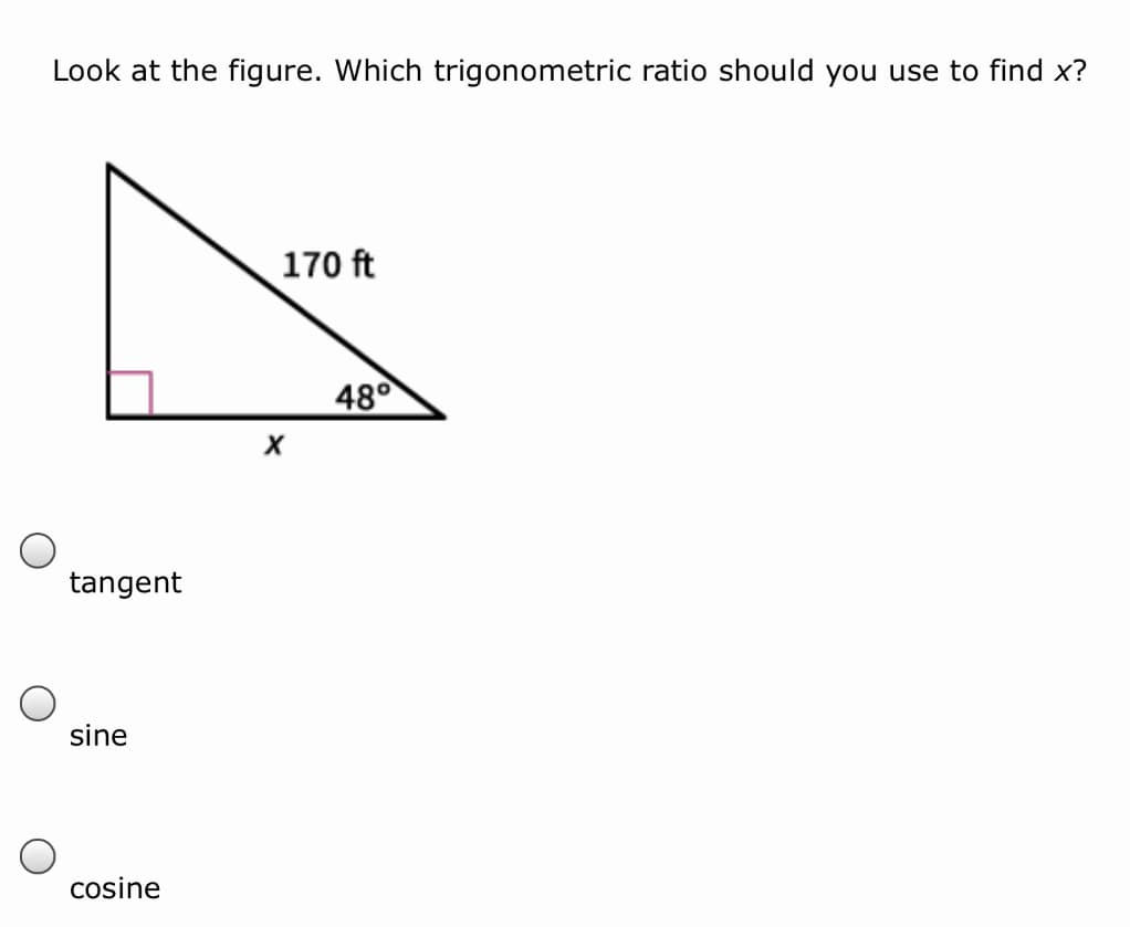 Look at the figure. Which trigonometric ratio should you use to find x?
170 ft
48°
tangent
sine
cosine
