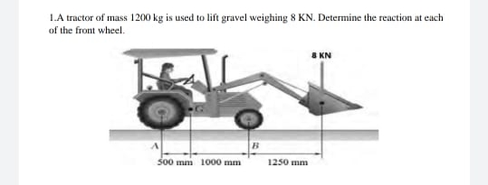 L.A tractor of mass 1200 kg is used to lift gravel weighing 8 KN. Determine the reaction at euch
of the front wheel.
8 KN
500 mm 1000 mm
1250 mm
