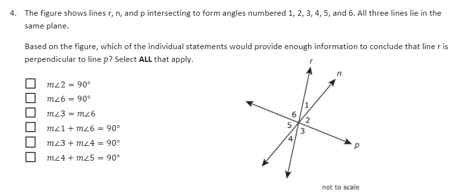 4. The figure shows lines r, n, and p intersecting to form angles numbered 1, 2, 3, 4, 5, and 6. All three lines lie in the
same plane.
Based on the figure, which of the individual statements would provide enough information to conclude that line r is
perpendicular to line p? Select ALL that apply.
m22 = 90°
m26 = 90°
mz3 = m26
mz1+ mz6 = 90°
3
m23 + mz4 = 90°
mz4 + mz5 = 90°
not to scale
1.
