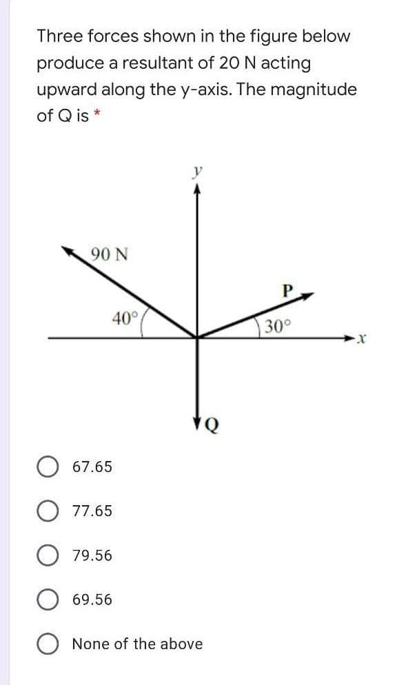 Three forces shown in the figure below
produce a resultant of 20 N acting
upward along the y-axis. The magnitude
of Q is *
90 N
P.
40°
30°
67.65
77.65
79.56
69.56
None of the above
