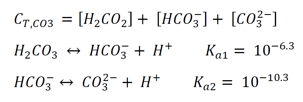 CT,CO3 = [H₂CO₂] + [HCO3] + [CO²-]
H₂CO3 ↔ HCO3 + H+
= 10-6.3
= 10-10.3
HCO3 ↔ CO²¯ + H+
Και
Kaz