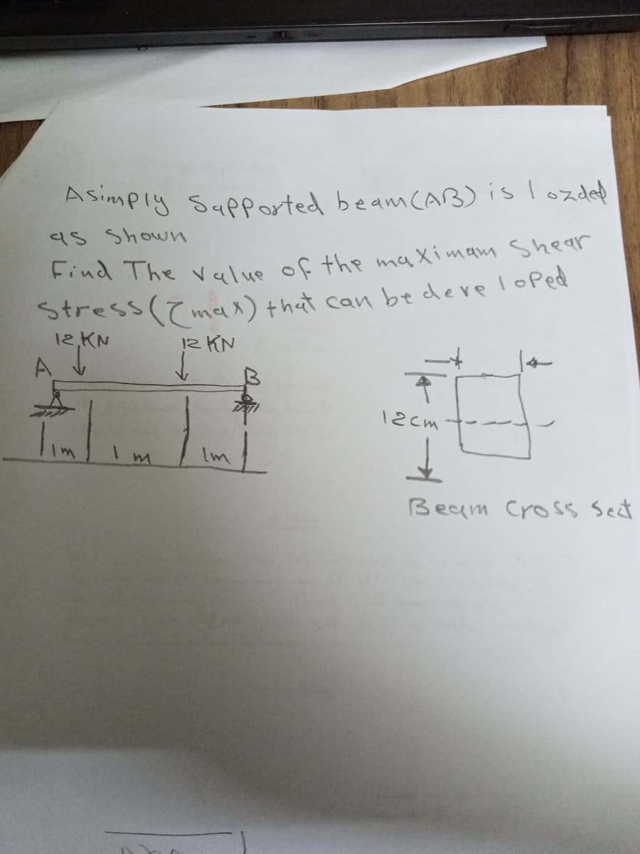 Asimply Sapported beam CAB) is lozded
as Shown
Stress (max) that can bedere loped
12,KN
12 KN
A.
to
12cm
Beam Cro ss Sect
