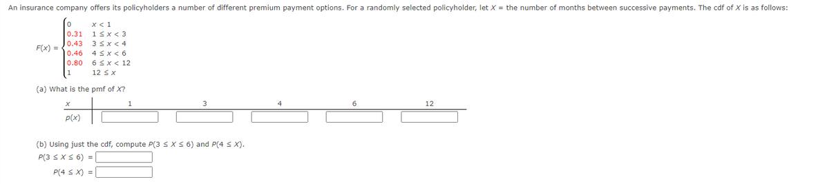 An insurance company offers its policyholders a number of different premium payment options. For a randomly selected policyholder, let X = the number of months between successive payments. The cdf of X is as follows:
X < 1
1<x< 3
0.31
l0.43
3 Sx< 4
F(x) =
0.46
4 <x < 6
0.80
6Sx< 12
12 <x
(a) What is the pmf of X?
1.
12
P(x)
(b) Using just the cdf, compute P(3 < X S 6) and P(4 S X).
P(3 S XS 6) =
P(4 S X) =
